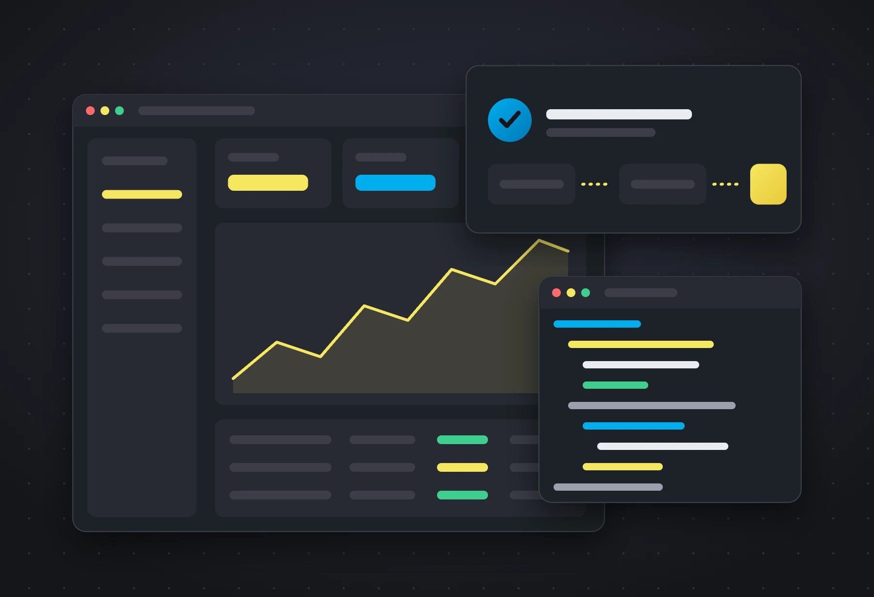 Illustration of a software dashboard, a code editor, and an automated workflow