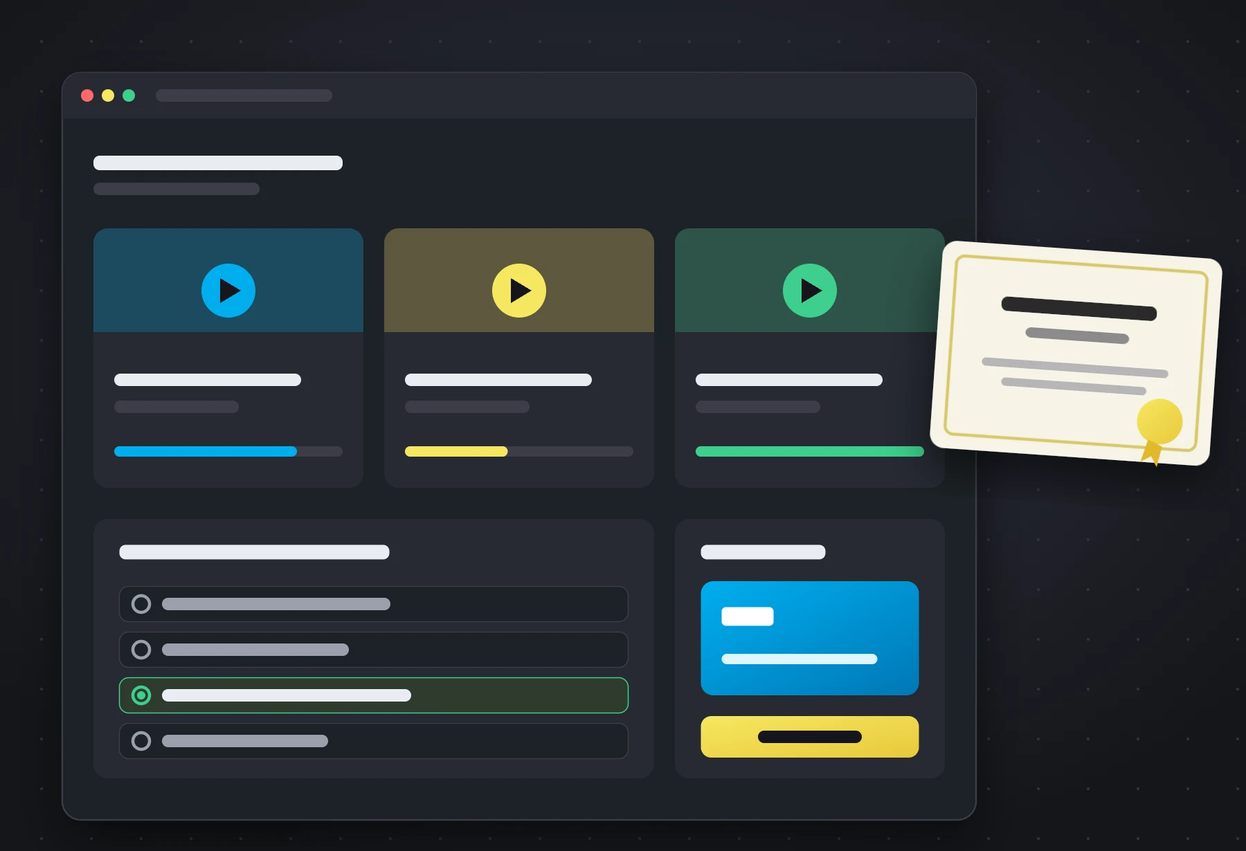 Illustration of a learning platform with courses, a quiz, online payments, and a certificate